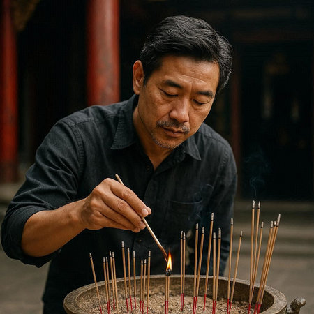 Portrait of a Chinese man lighting incense sticks in a temple