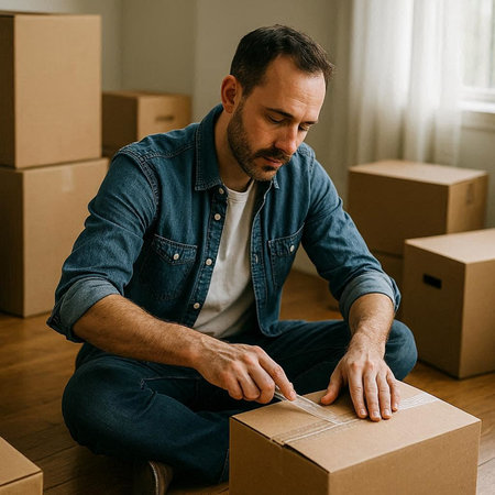 selective focus of mature man packing cardboard box in new house, relocation concept