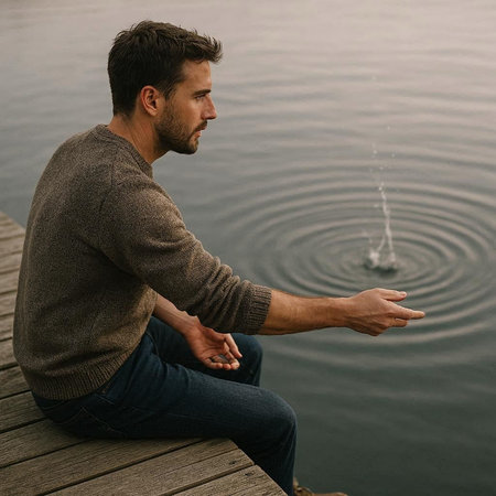 Handsome young man in sweater sitting on wooden pier and looking at water