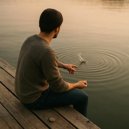 Young man sitting on a pier by the lake and meditating.