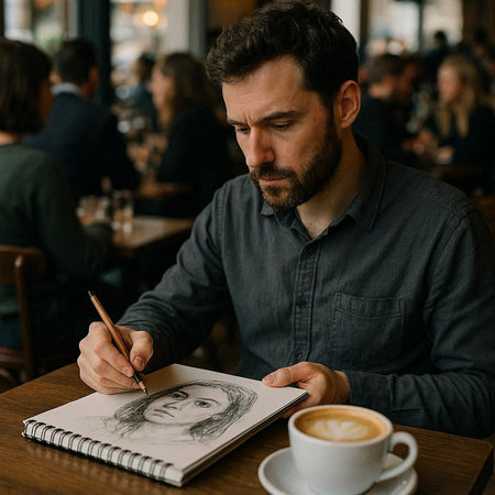 A man with a beard in a blue shirt sits in a cafe and draws a picture of a girl.