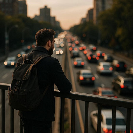 Man with a backpack standing on the bridge and looking at the city