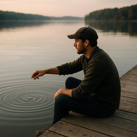 A man in a cap and a black sweater sits on a pier by the lake and looks into the distance.