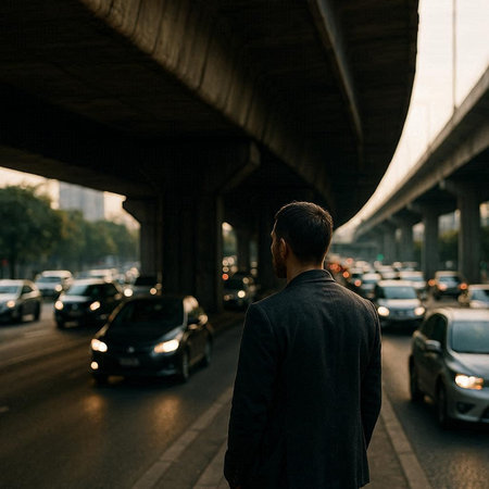 Back view of a man in a business suit standing on the road under the bridge.