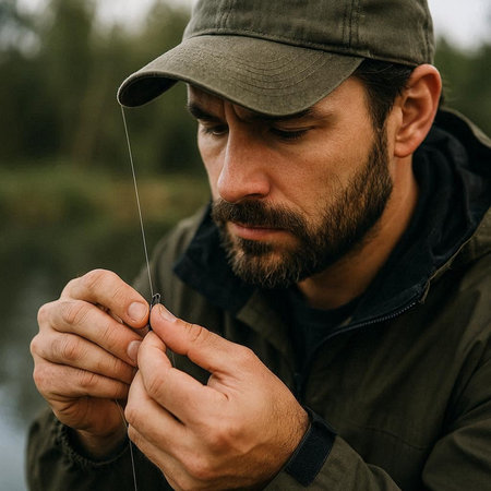 Fisherman with a fishing rod in his hands. Close-up.