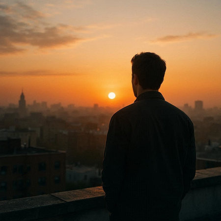 Silhouette of a man looking at the sunset over the city