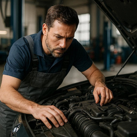 Handsome male mechanic repairing car engine in auto repair shop.