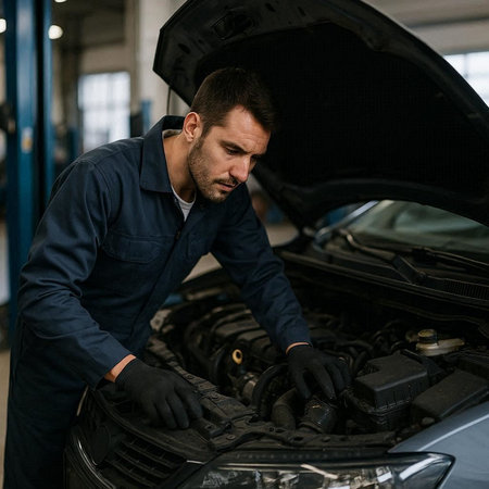 Portrait of a mechanic repairing a car in a car repair shop.