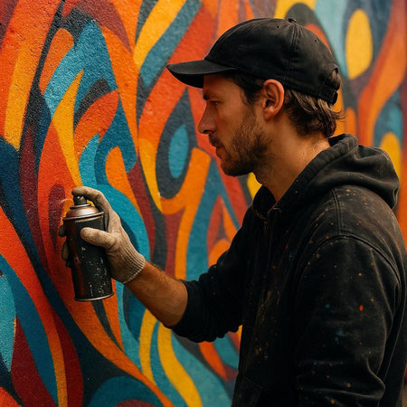 A young graffiti artist with a spray can in his hand paints a colorful graffiti wall.