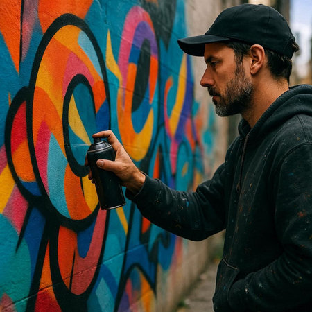 Portrait of a graffiti artist with a spray can on the street