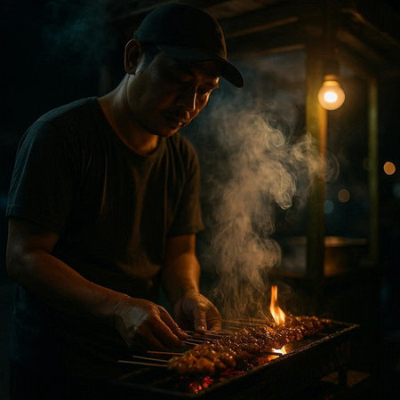 Man preparing meat on skewers outdoors at night. Man cooking shish kebab on barbecue grill.