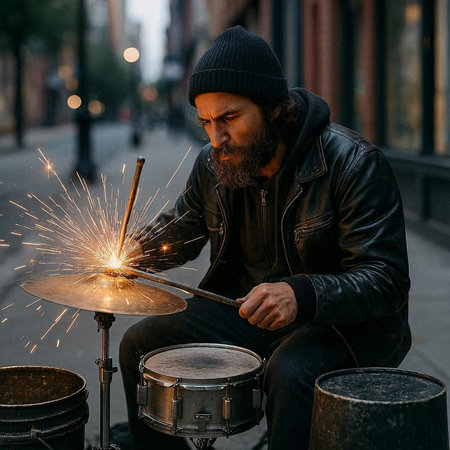 Bearded street musician playing drums on the street in the evening.