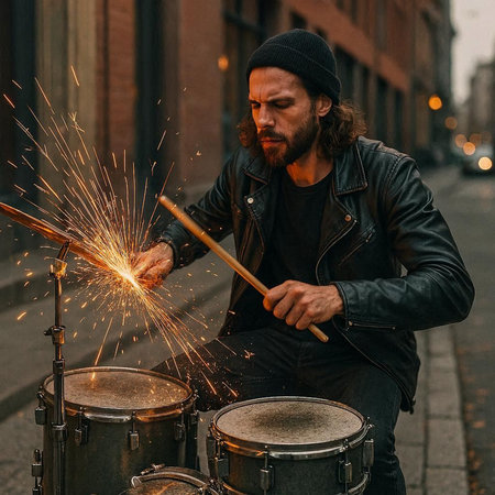 Bearded man in a black leather jacket playing the drums on the street.