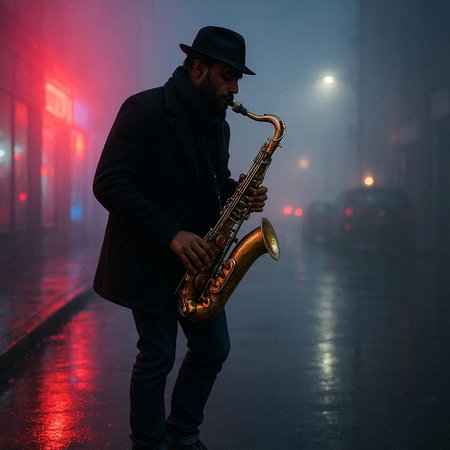 Portrait of a jazz musician playing the saxophone on a foggy street.