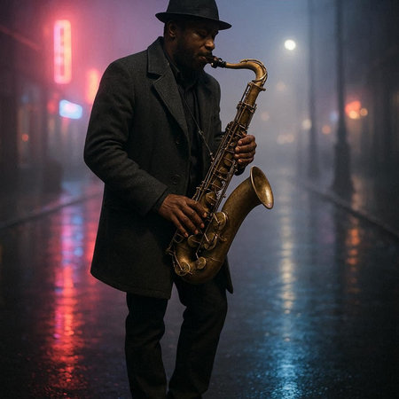African american jazz musician playing the saxophone on a foggy night street.