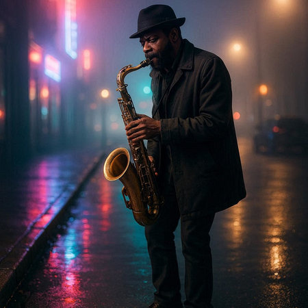 Portrait of a jazz musician playing the saxophone on the street at night