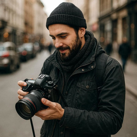 Handsome bearded photographer with a camera on the street in the city
