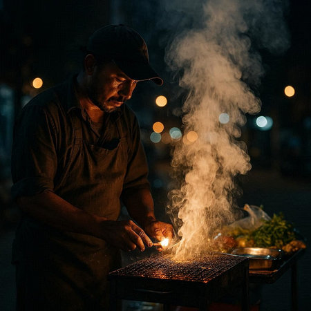 A street vendor making a traditional indian street food at night.