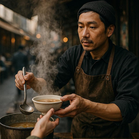 Handsome asian man in brown apron making coffee in the street.