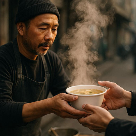 Asian man in black t-shirt and hat holding a cup of hot steaming cappuccino in the street.
