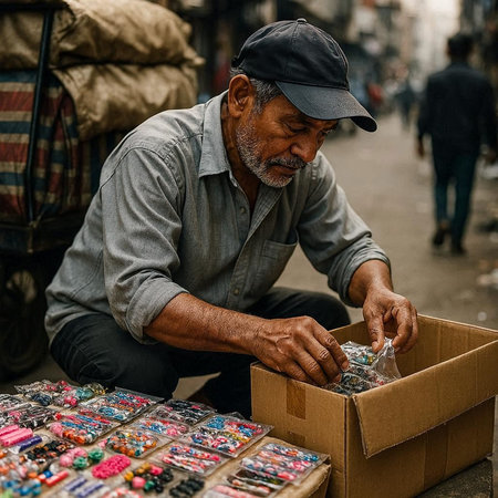 Closeup of unknowns Nepali people selling jewelry in the street of Kathmandu in the morning