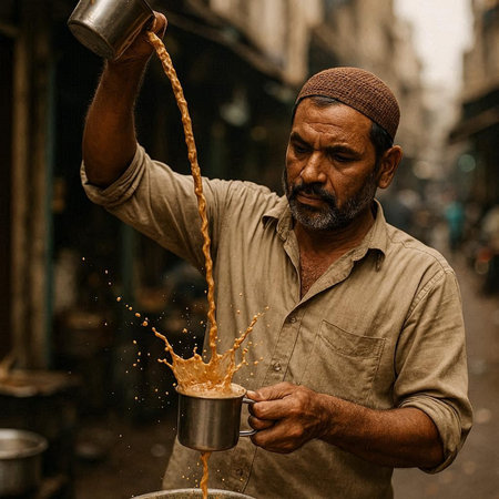 Unidentified Indian man pouring coffee in a pot.