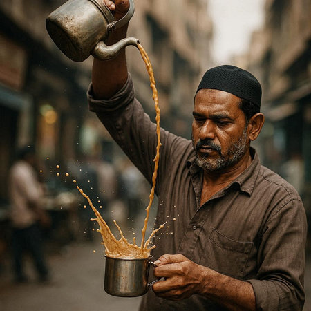 Portrait of a unknown Nepali people selling coffee in the street of Kathmandu in the afternoon