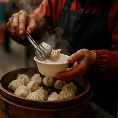 Steamed dumplings with meat in a wooden steamer.