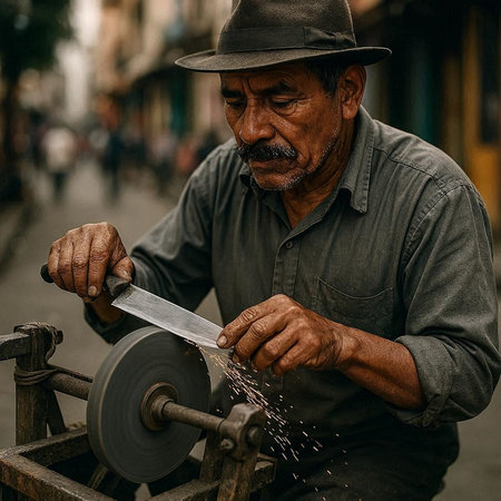 Old man cutting metal with a circular saw in the street of Havana