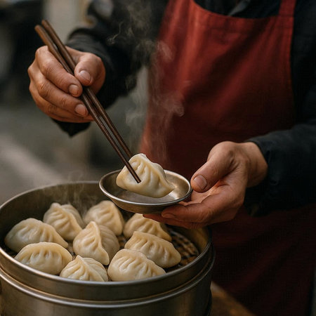 Male hands holding steamed dumplings in a bamboo steamer