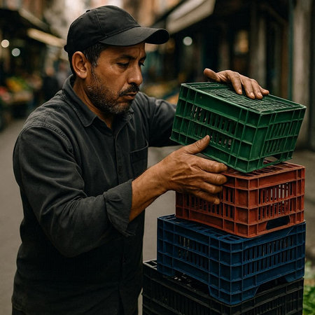 Handsome man in a black shirt and cap is holding a green box.