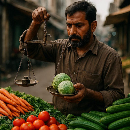 Indian farmer with a beard and mustache in a brown shirt chooses vegetables at the market