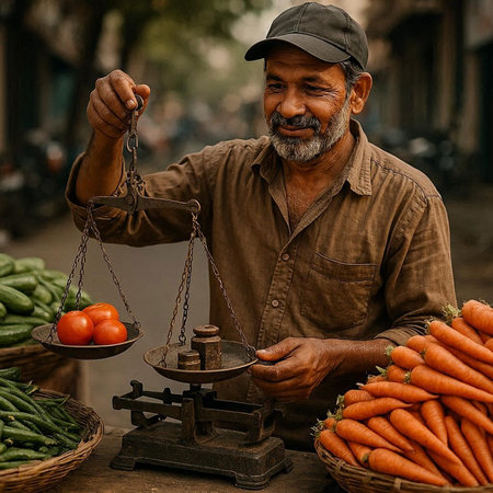 Portrait of an elderly man weighing fresh vegetables in the street.