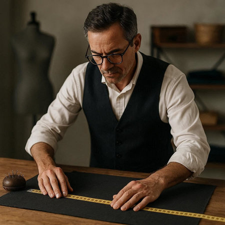 Handsome middle-aged man in eyeglasses is using a measuring tape to measure the size of a piece of fabric.