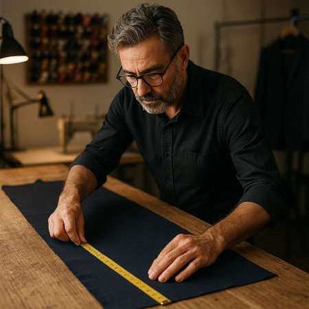 Senior tailor working in his workshop, using a tape measure to measure a piece of fabric