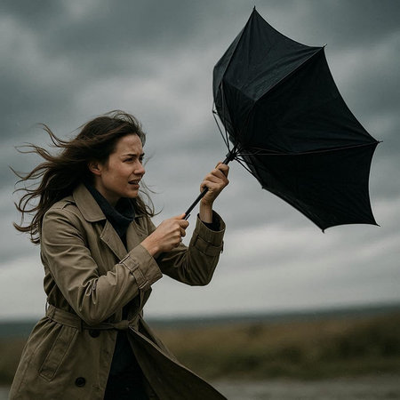 Young woman in raincoat with umbrella on rainy day. Close up portrait