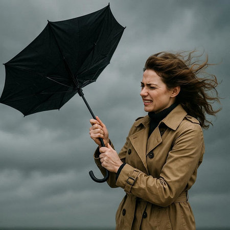Young woman in raincoat with umbrella on stormy sky background.