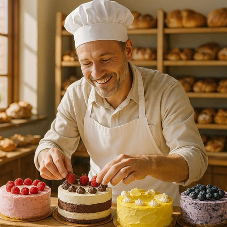 Chef Decorating Cake In Bakery. Smiling Male Chef Decorating Cake.