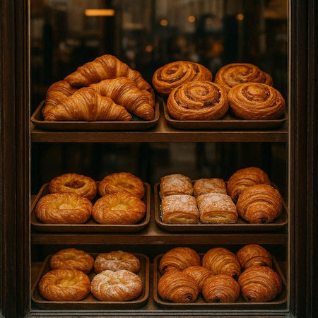 Freshly baked croissants on a shelf in a bakery.