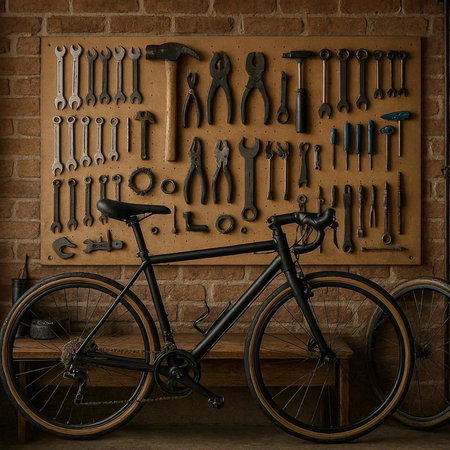 Bicycle with a set of tools on a brick wall background.