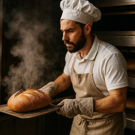 Portrait of a bearded male baker holding a loaf of bread.
