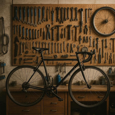 Bicycle and tools on a shelf in a workshop. 3d rendering