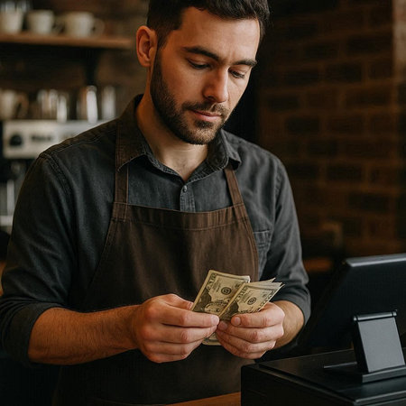 Portrait of handsome bearded barista counting money in the cafe.