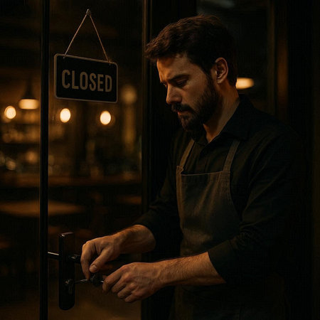 Handsome bearded man in apron opening door with closed sign