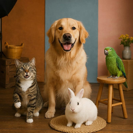 Cat, dog and a dog with a green parrot in the room