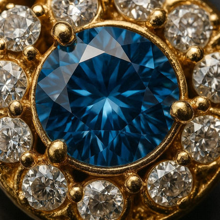 Jewelry diamond ring with blue sapphire, close up