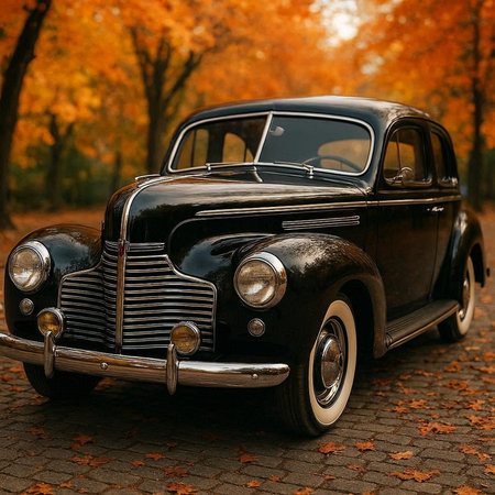 Vintage car in the autumn forest. Retro car in the autumn forest.