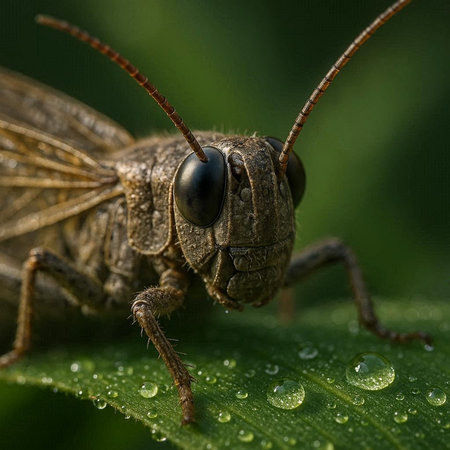 Macro photo of grasshopper on green leaf with water drops