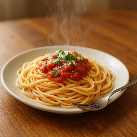 Spaghetti with tomato sauce and parmesan cheese on a plate