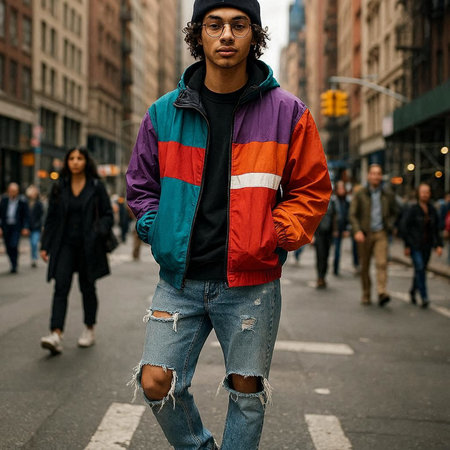 Handsome young man with curly hair, wearing a bright colorful jacket, jeans and sunglasses, walking on the street in New York.